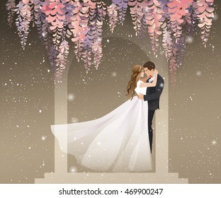 A pair of lovers kissing under the wisteria flower vine. Vector illustration for weddings, Valentine's Day.