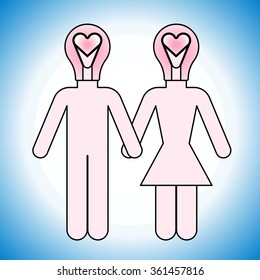 Pair of Lovers. Light bulb with heart - vector art illustration. Valentine's Day Icon.