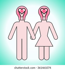 Pair of Lovers. Light bulb with heart - vector art illustration. Valentine's Day Icon.