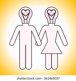 Pair of Lovers. Light bulb with heart - vector art illustration. Valentine's Day Icon.