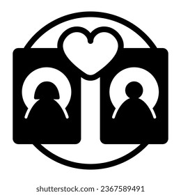 Pair of lovers on cards or tablets, heart solid icon, dating concept, couple photos vector sign on white background, glyph style icon for mobile concept and web design. Vector graphics