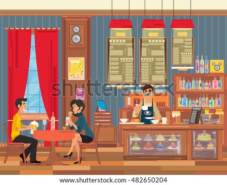 pair of lovers on a date in the cafeteria. vector illustration