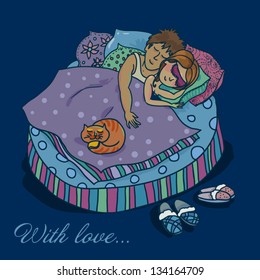 A pair of lovers sleeping illustration in cartoon style