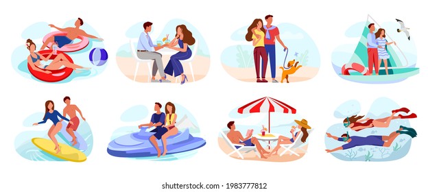 Pair of lovers spending summer time together. Young man and woman on vacation resting and relaxing outdoors. Couple in love enjoy holiday at beach resort. Diving, surfing, boating. Vector illustration