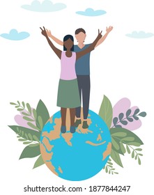 Un par de amantes con las manos levantadas. En el planeta tierra, un símbolo de victoria y paz. Relaciones interraciales y tolerancia.  Día de la Familia. Conservación de la naturaleza y la ecología. Vector plano