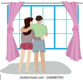 A pair of lovers together stand at the window. A man hugs a woman and look out the window. Vector illustration. Family friendships. Back view. Buying an apartment.