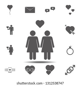 A pair of lovers, two girls, lesbians icon. Simple glyph, flat vector element of valentines day icons set for UI and UX, website or mobile application