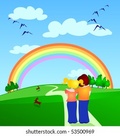 A pair of lovers walking toward the rainbow, vector