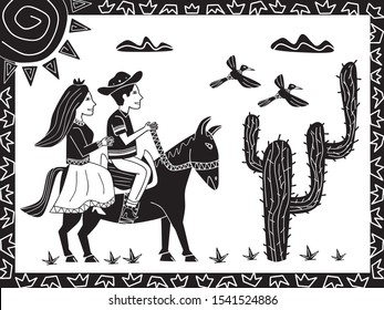 a pair of lovers who are walking the streets on horseback. cordel illustration