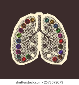 pair of lungs with an artistic palette, vintage photocopy style illustration