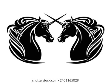 pair of magic unicorn horses with crossed horns - black and white fantasy animal head vector design