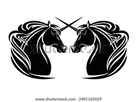 pair of magic unicorn horses with crossed horns - black and white fantasy animal head vector design