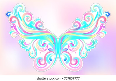Pair of magical fairy wings. Hand-drawn vector illustration isolated. Trendy magic print, alchemy, mystery, divine goddess. Rainbow colors. Halloween costume detail. Sticker, pin, patch. 