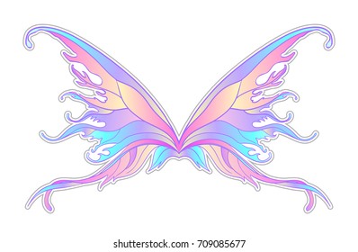 Pair of magical fairy wings. Hand-drawn vector illustration isolated. Trendy magic print, alchemy, mystery, divine goddess. Rainbow colors. Halloween costume detail. Sticker, pin, patch. 