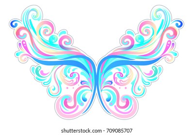 Pair of magical fairy wings. Hand-drawn vector illustration isolated. Trendy magic print, alchemy, mystery, divine goddess. Rainbow colors. Halloween costume detail. Sticker, pin, patch. 