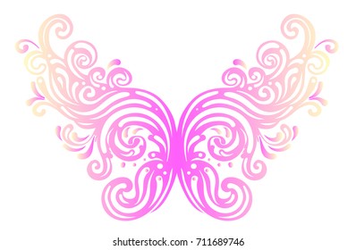Pair of magical fairy wings. Hand-drawn vector illustration isolated. Trendy magic print, alchemy, mystery, divine goddess. Rainbow colors. Halloween costume detail. Sticker, pin, patch. 