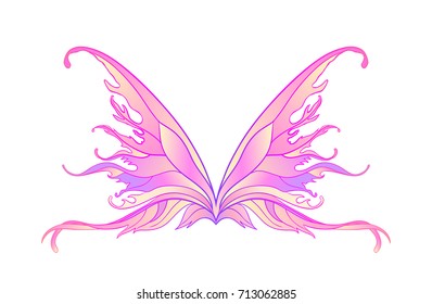 Pair of magical fairy wings. Hand-drawn vector illustration isolated. Trendy magic print, alchemy, mystery, divine goddess. Rainbow colors. Halloween costume detail. Sticker, pin, patch. 