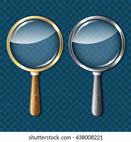 Pair of magnifying glasses on blue background. Vector illustration.