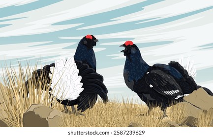 A pair of male black grouse displaying in dry grass. Realistic vector landscape
