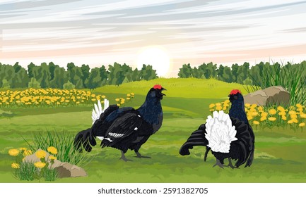 A pair of male black grouse displaying on a spring meadow with green grass and blooming dandelions. Realistic vector landscape