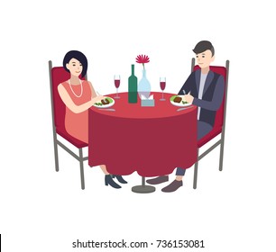 Pair of male and female cartoon characters dressed in elegant clothing sitting at table and eating delicious meals. Romantic date at restaurant, formal dinner. Colorful flat vector illustration.