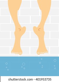 A pair of male or female feet dangling above the water in a swimming pool as if the person is afraid to take the plunge and get their feet wet svg