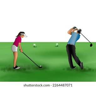 A pair of male and female golf players is playing in the grass field with a white background