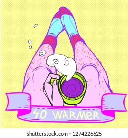 A pair of male or female hairy legs wearing socks and a cup of tea in hands. Pop art style  Vector Illustration
