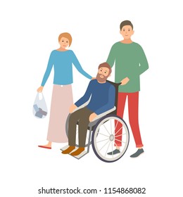 Pair of male and female volunteers helping disabled person. Teenage boy and girl assisting man in wheelchair. Voluntary social aid and care. Colorful vector illustration in flat cartoon style