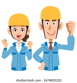 Pair of male and female working on construction site blue work clothes