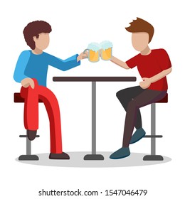 A pair of male friends are drinking light beer at a table on high bar stools. Characters raise glasses with foam and laugh. Vector illustration isolated on white background.