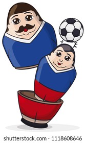 A pair of male matryoshka dolls painted like soccer players and wearing Russian colors, one inside another with the little heading a soccer ball.