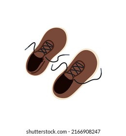 Pair of male shoes with untied laces, top view. Casual men foot wear with shoelaces. Unlaced footwear. Flat vector illustration isolated on white background