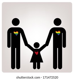 a pair of man with a children and some colored hearts