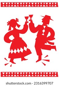 Pair of a man and a woman dance with glasses of alcohol drink. Party, fest in national slavic, balkan, costume silhouettes. Belarusian and ukrainian vycinanka. Folk decoupage simple motives.