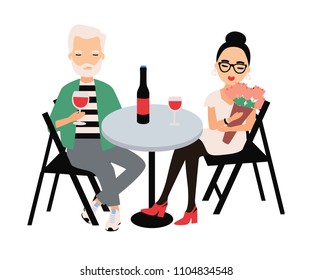 Pair of man and woman dressed in elegant clothing sitting at table and drinking red wine. Couple on romantic date or meeting. Lovers at restaurant. Cartoon colorful vector illustration in flat style