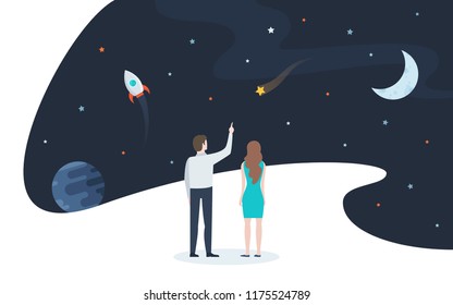 Pair of man and woman looking at stars, planets and other celestial objects. Concept of space and universe exploration, astronomical research, interstellar travel. Flat modern vector illustration.