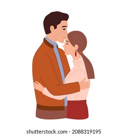 Pair of man and woman in love. Cute young couple hugging or cuddling.  
