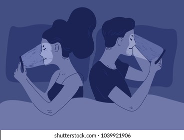 Pair Of Man And Woman Lying Turned Away One Another In Bed And Surfing Internet On Their Smartphones. Concept Of Sexual Or Intimate Problem Between Romantic Partners. Colorful Vector Illustration.