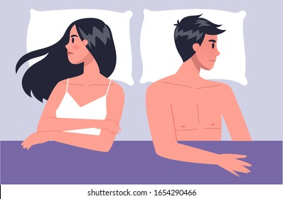 Pair of man and woman lying turned away in bed. Concept of sexual or intimate problem between romantic partners. Sexual disfunction, and behavior misunderstanding. Vector illustration in cartoon style