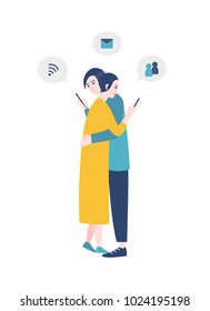 Pair of man and woman standing, hugging and checking social media accounts on their smartphones. Gadget addiction. Cute flat cartoon characters isolated on white background. Vector illustration.