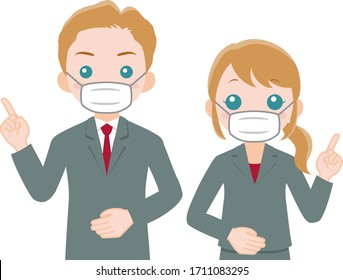 A pair of man and woman in suits wearing surgical masks