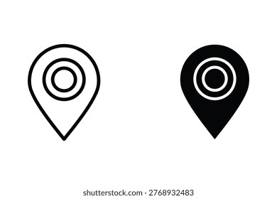 A pair of map marker icons, one in outline style and the other as a solid black silhouette, perfect for navigation or location-based services in digital design and marketing.