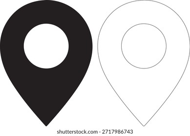 Un par de iconos de pin de mapa, uno relleno en negro y el otro delineado en negro sobre un fondo blanco, que indica la ubicación