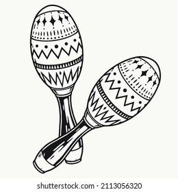Pair of maracas instrument with creative design in monochrome vintage style, isolated vector illustration