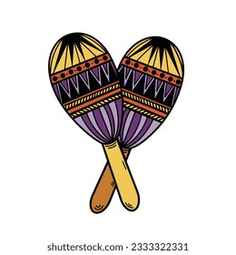 Pair of maracas vector icon. Mexican folk musical instrument for carnival, fiesta, Festa Junina, Cinco de Mayo. Wooden patterned accessory for the holiday. Bright cartoon clipart for posters, print