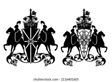 pair of medieval knight horse riders with heraldic shield, king crown, sword and rose flowers - antique style royal coat of arms black and white vector design set