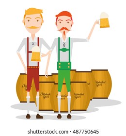 Pair of men holding beer mugs, Oktoberfest Vector illustration