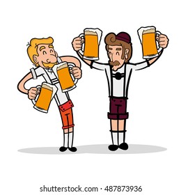 Pair of men holding beer mugs, Oktoberfest Vector illustration