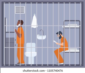 Pair of men in prison, jail or detention center room. Two prisoners or criminals shaving and reading book in cell. Male cartoon characters during imprisonment or confinement. Flat vector illustration.